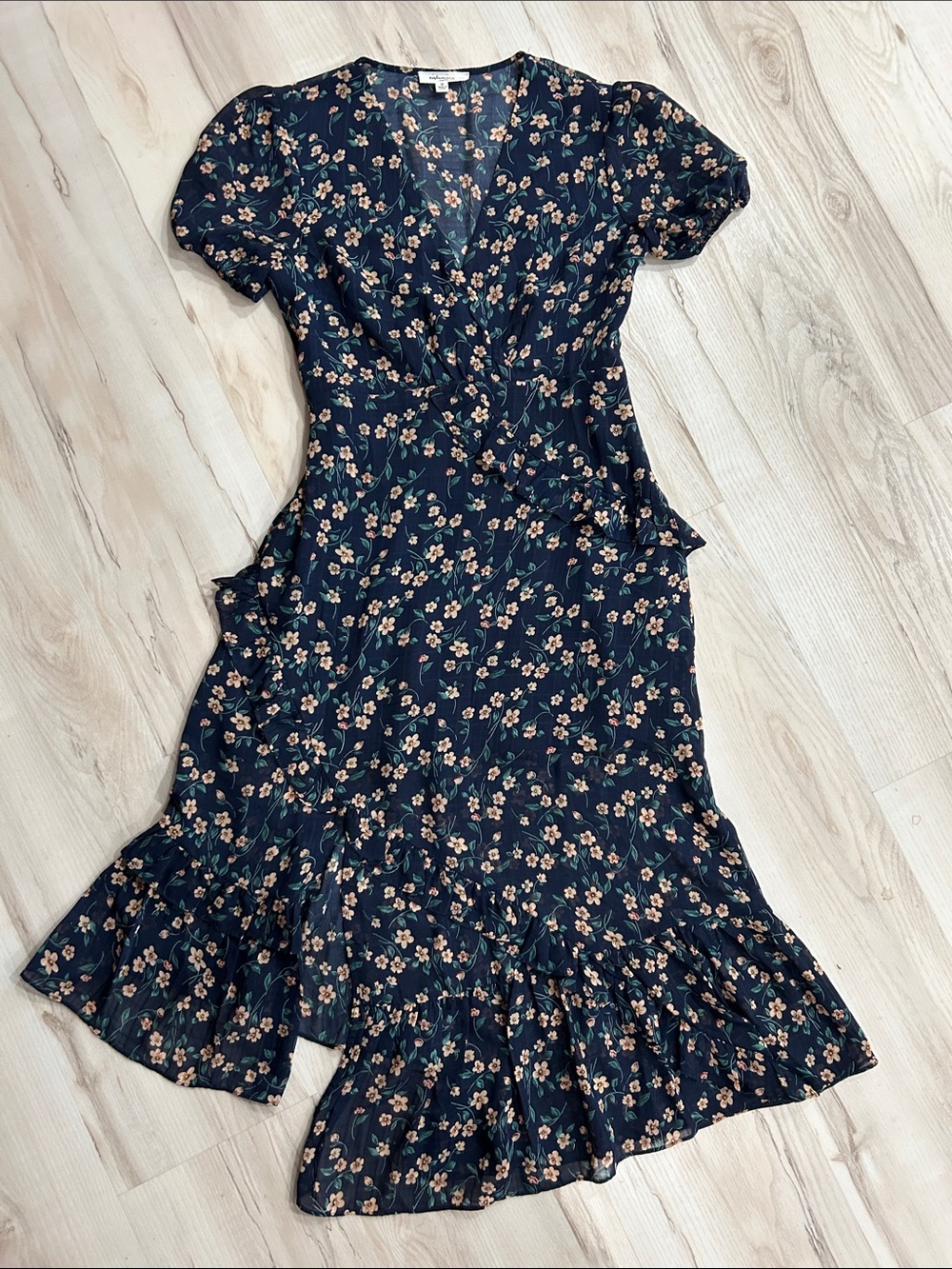 Women’s Navy Floral Wrap Midi Dress with Ruffle Hem